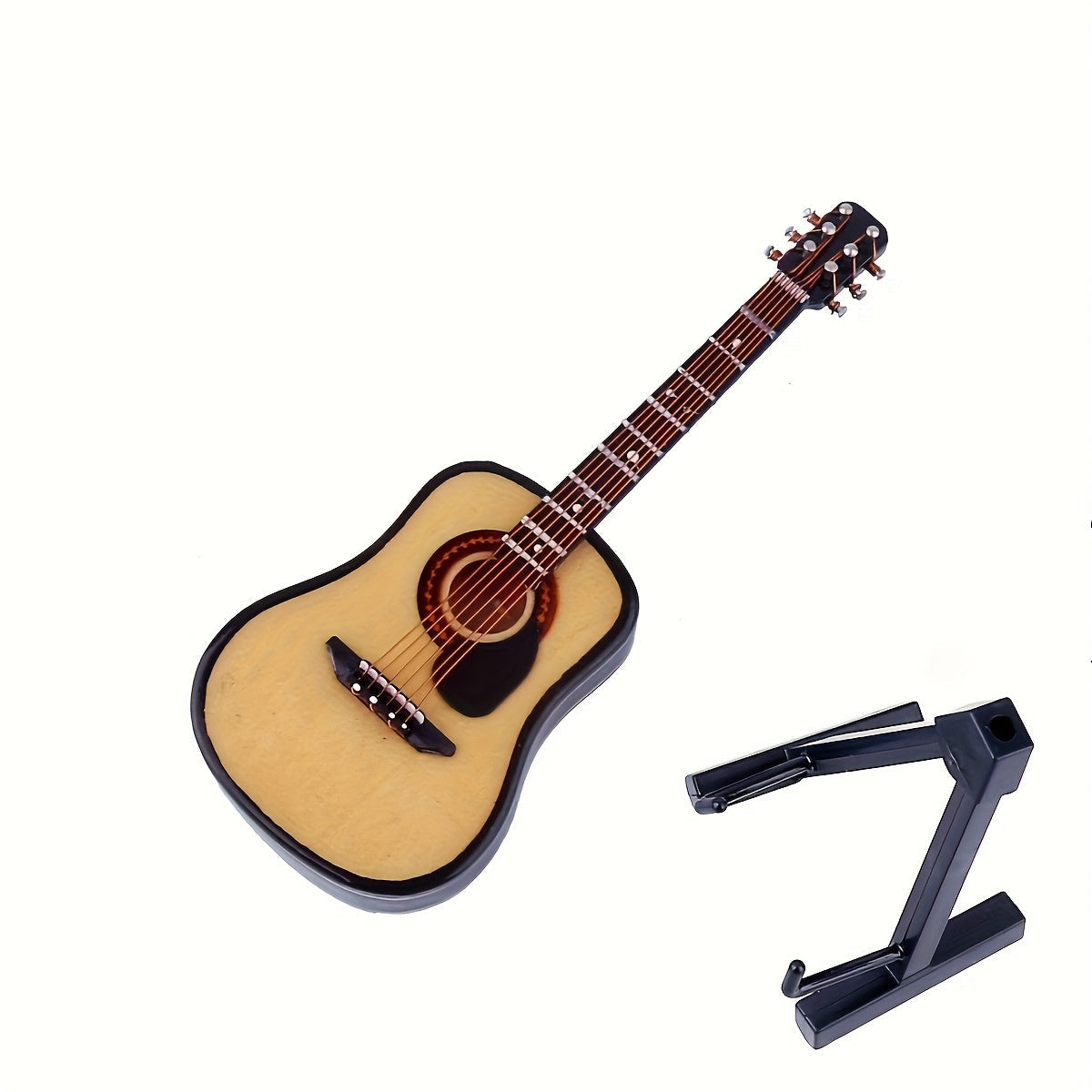 גיטרה מיניאטורית מעץ — עם מעמד וקופסה — פריט נוי שמנגן על הנוסטלגיה