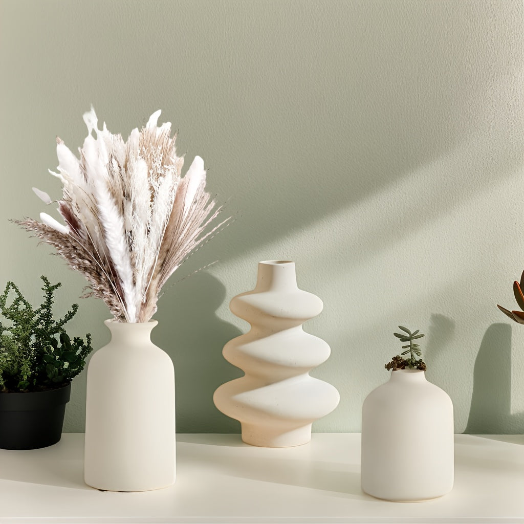 סט 3 אגרטלי קרמיקה – בוהו מינימליסטי, לבן טבעי