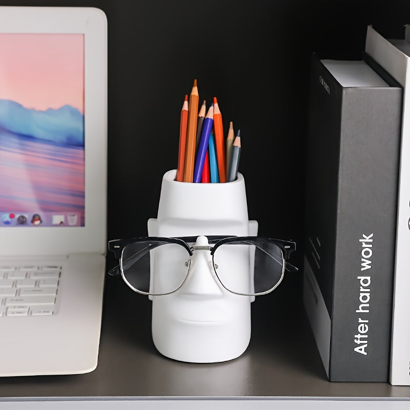 פסל מואי רב-תכליתי — מעמד למשקפיים + מחזיק מברשות/עפרונות + ואזה קטנה