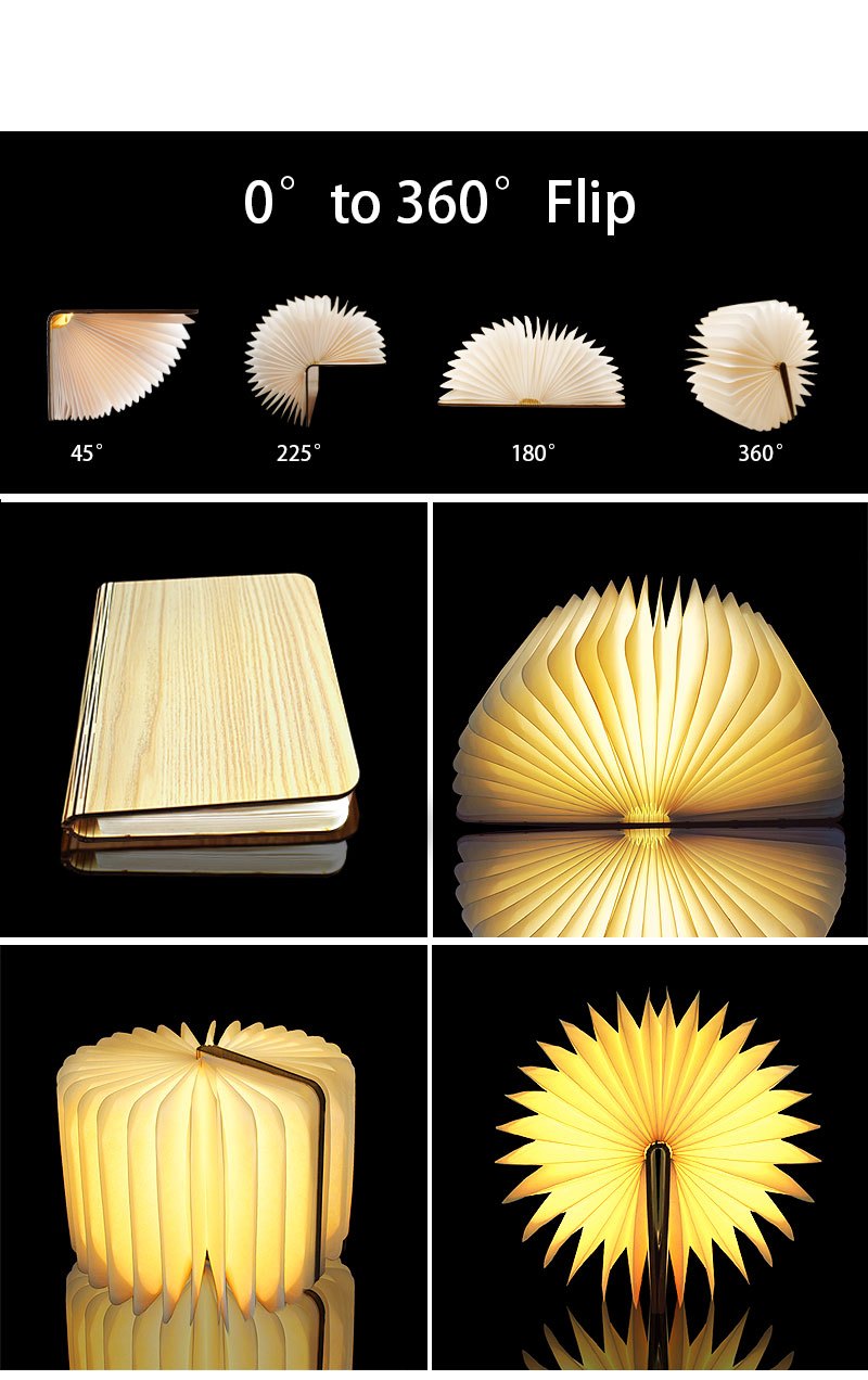 מנורת “ספר” מעץ מתקפל — 3 גווני אור, נפתחת 0–360°