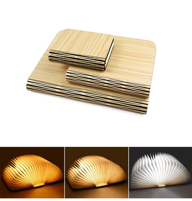 מנורת “ספר” מעץ מתקפל — 3 גווני אור, נפתחת 0–360°