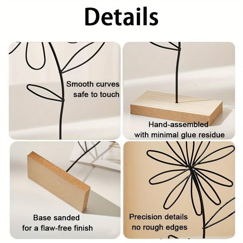 זוג פסלי פרחים מינימליסטיים – קווי מתכת שחורים על בסיס עץ