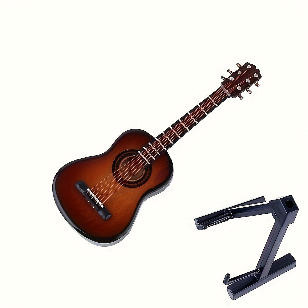 גיטרה מיניאטורית מעץ — עם מעמד וקופסה — פריט נוי שמנגן על הנוסטלגיה