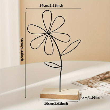 זוג פסלי פרחים מינימליסטיים – קווי מתכת שחורים על בסיס עץ