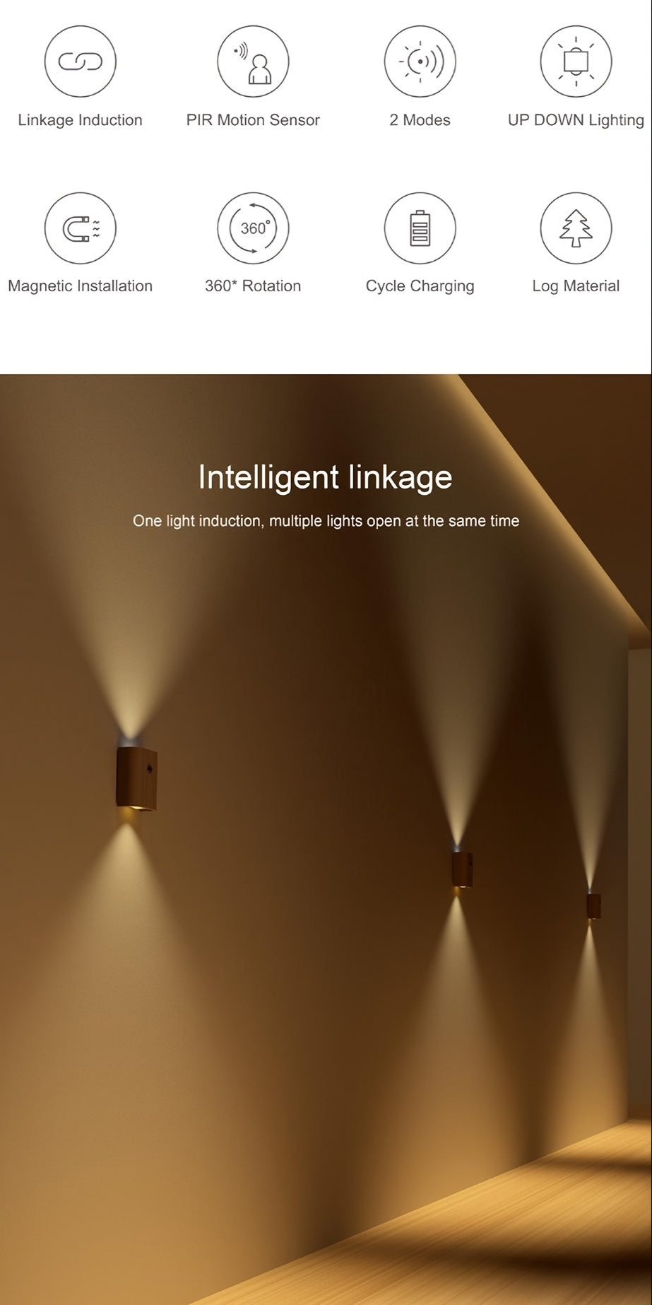 מנורת קיר חכמה עם חיישן תנועה (USB-C נטען) — אור חם למעלה ולמטה