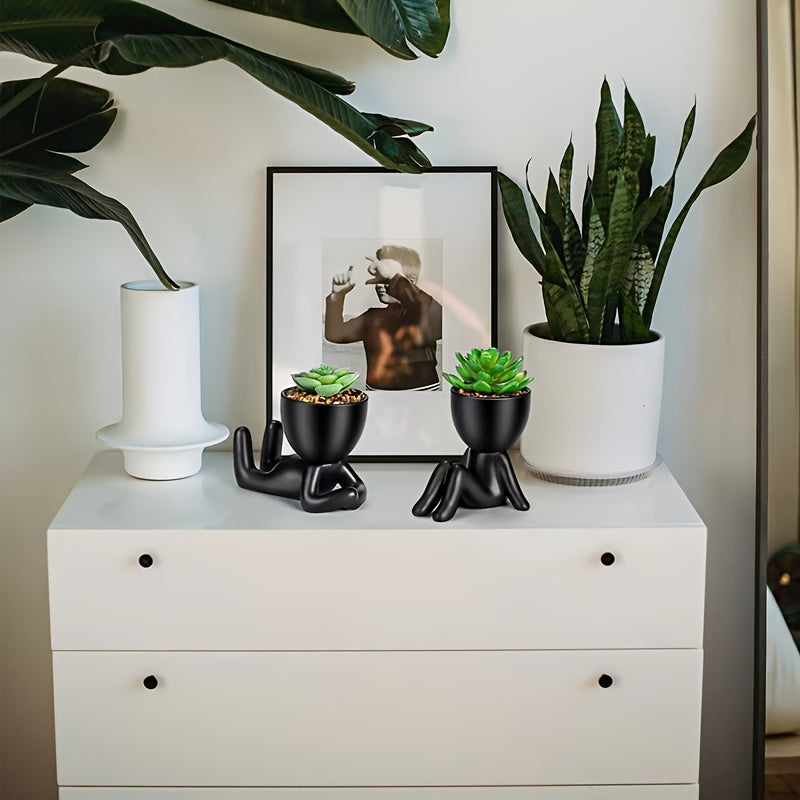 סט 2 עציצי דמות שחורים + סוקולנטים מלאכותיים — אפס תחזוקה, מאה אחוז חיוך