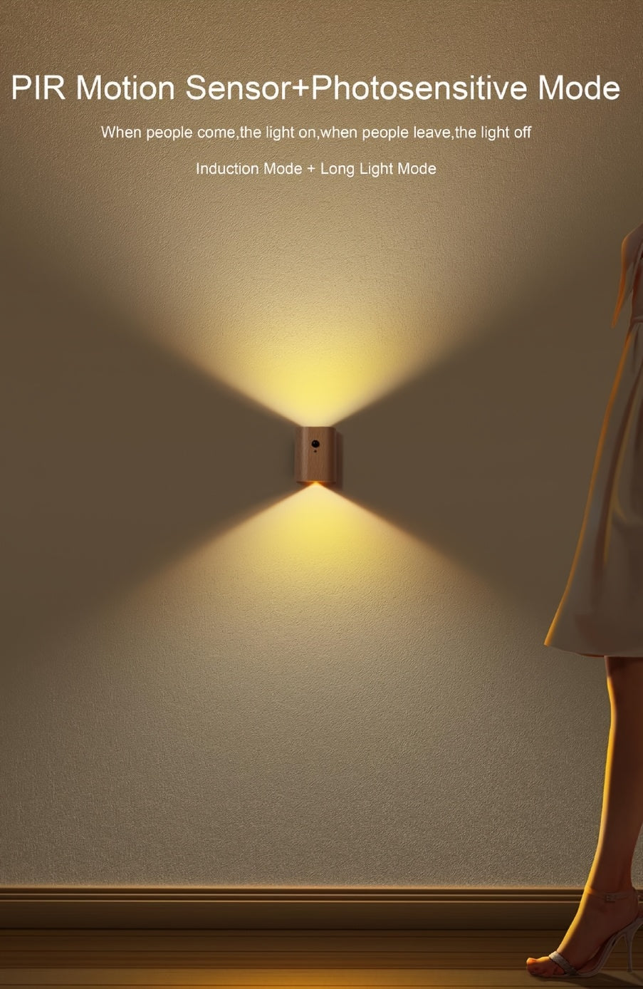 מנורת קיר חכמה עם חיישן תנועה (USB-C נטען) — אור חם למעלה ולמטה