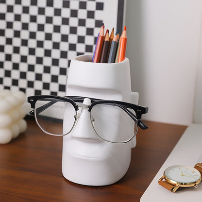 פסל מואי רב-תכליתי — מעמד למשקפיים + מחזיק מברשות/עפרונות + ואזה קטנה