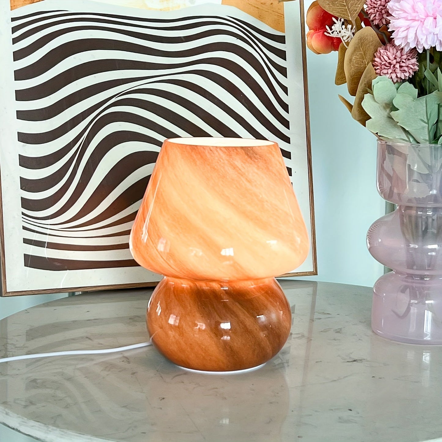 מנורת פטריה מזכוכית — תאורת לילה רכה לשידה ולסלון