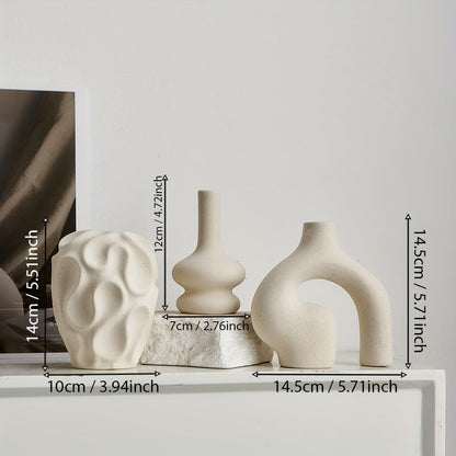 סט 3 אגרטלים מקרמיקה — מינימליסטי, עגול/דונאט וגיאומטרי