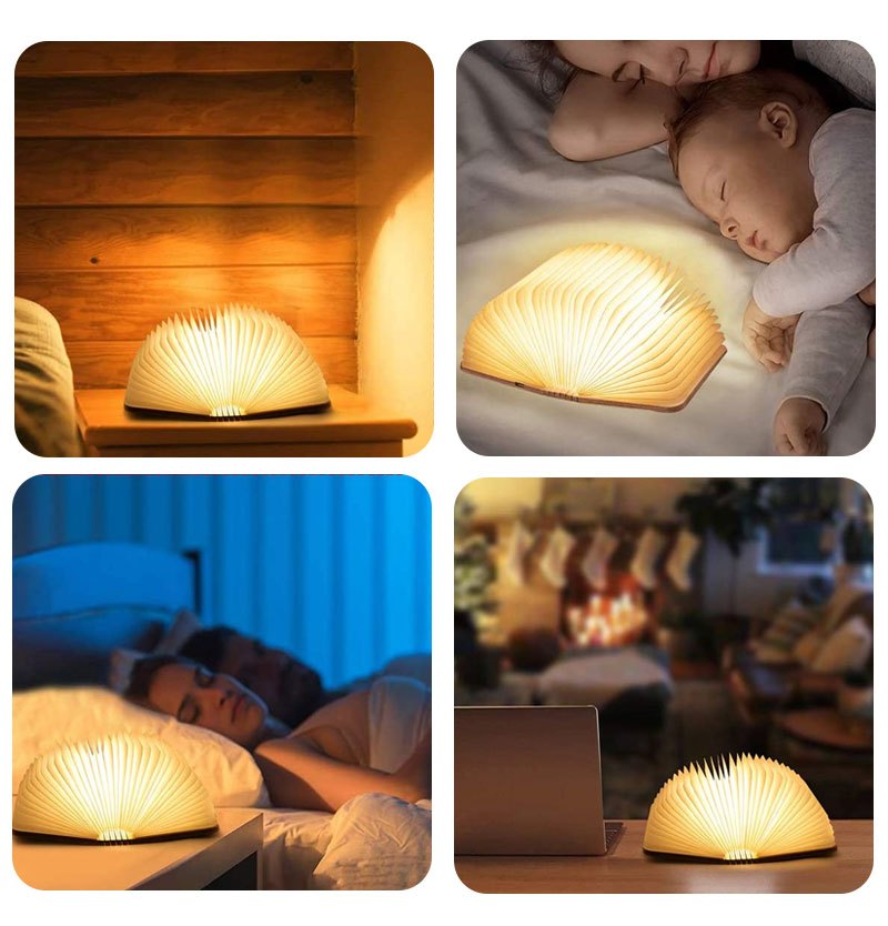 מנורת “ספר” מעץ מתקפל — 3 גווני אור, נפתחת 0–360°