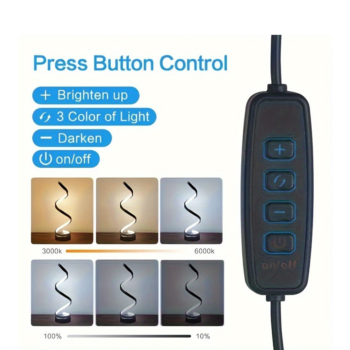 מנורת ספירלה מתכתית – דימר, 3 גווני אור, חיבור USB