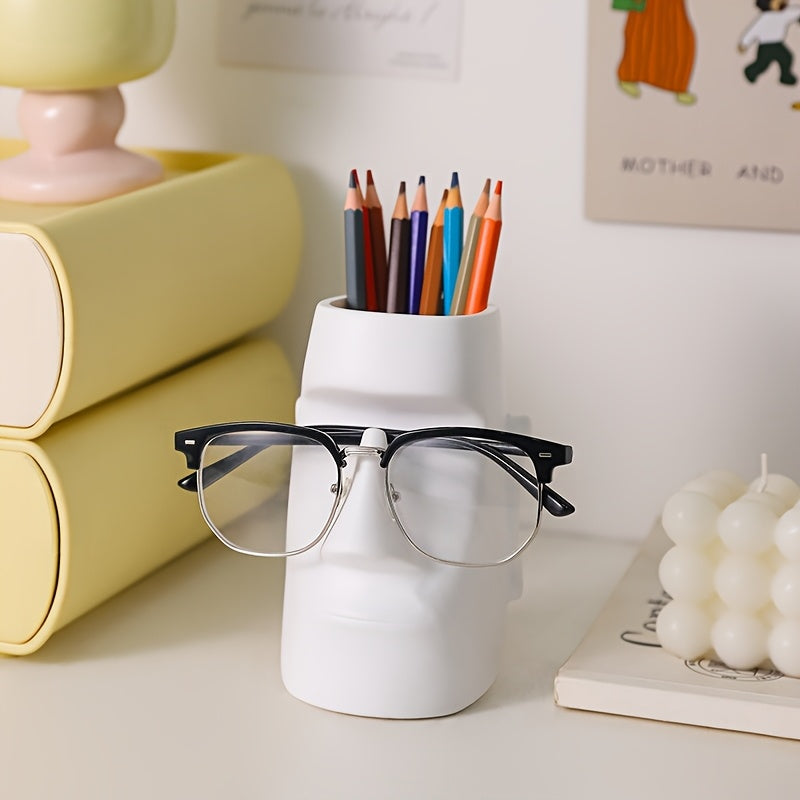 פסל מואי רב-תכליתי — מעמד למשקפיים + מחזיק מברשות/עפרונות + ואזה קטנה